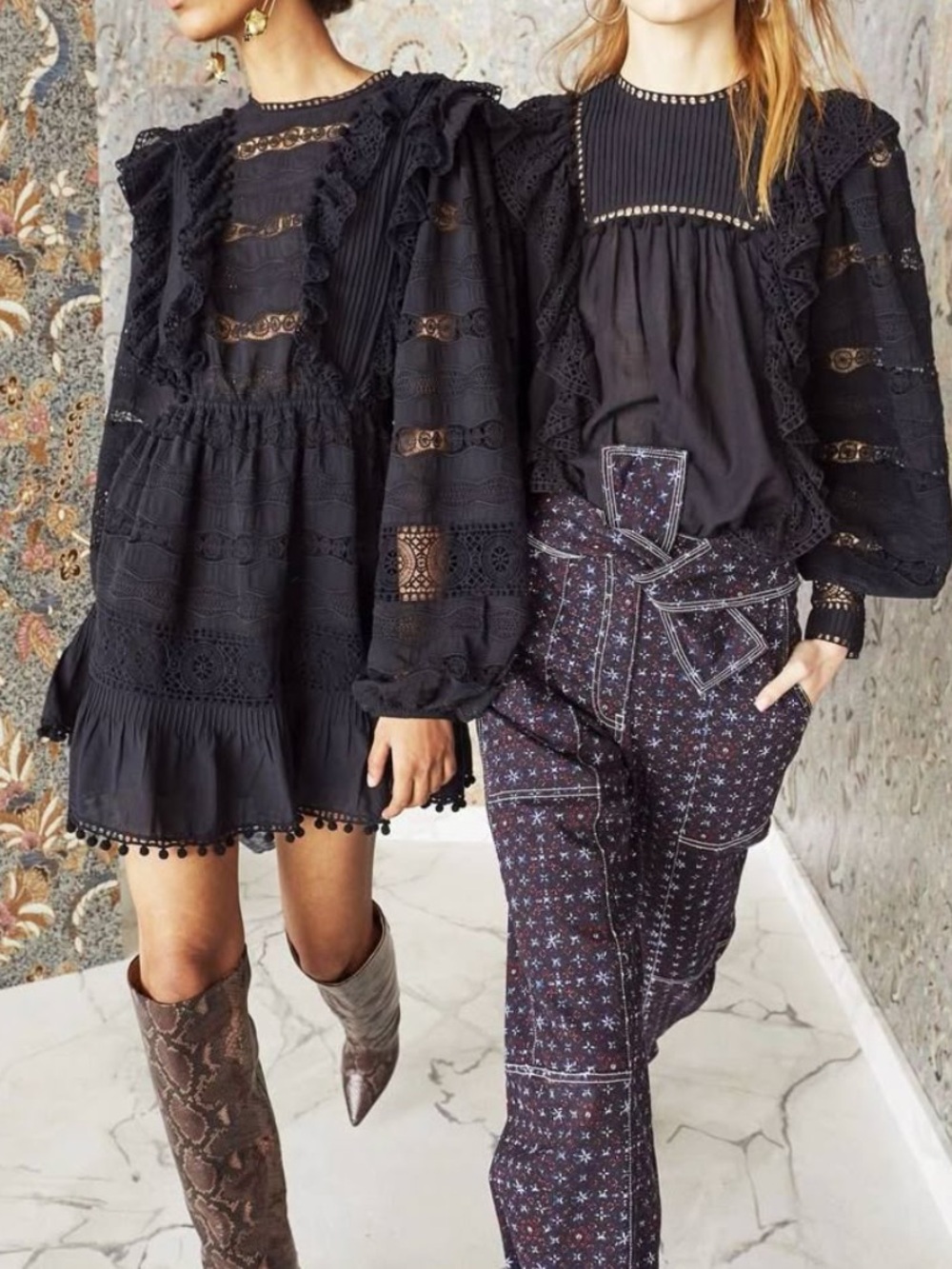 Ulla Johnson Black Lace-Trim Peasant Blouse